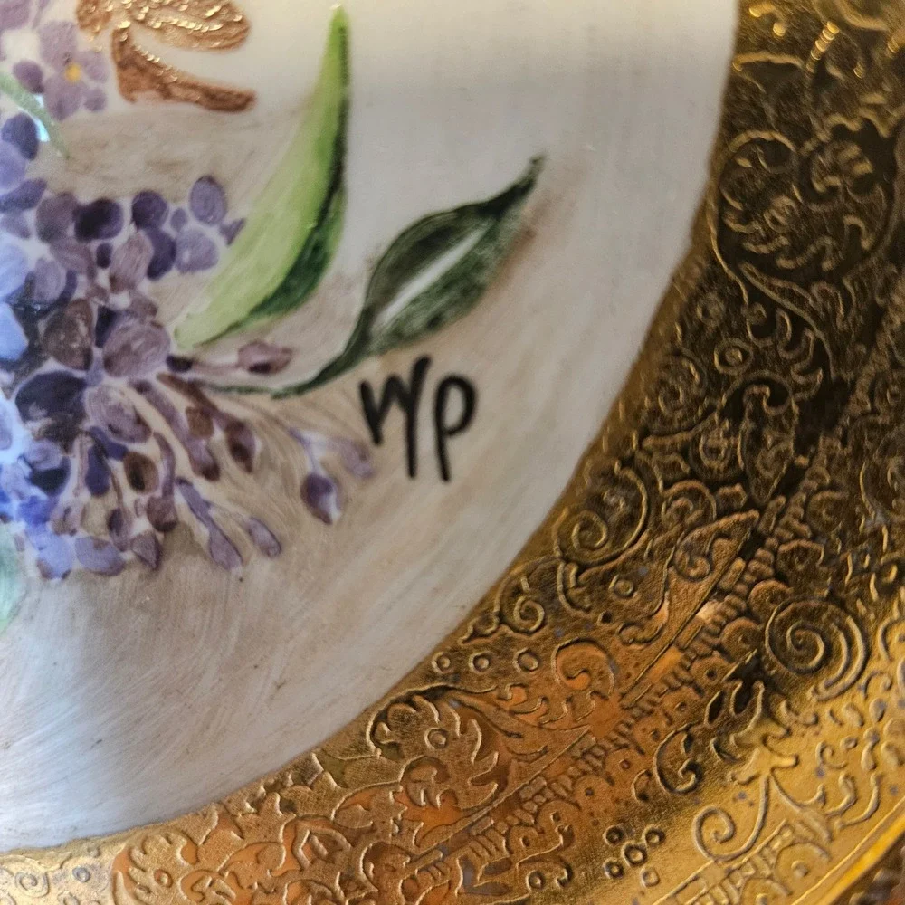 Vintage Signed Winifred Prentice 1948 Hand Painted Lilac Porcelain Plate Gold